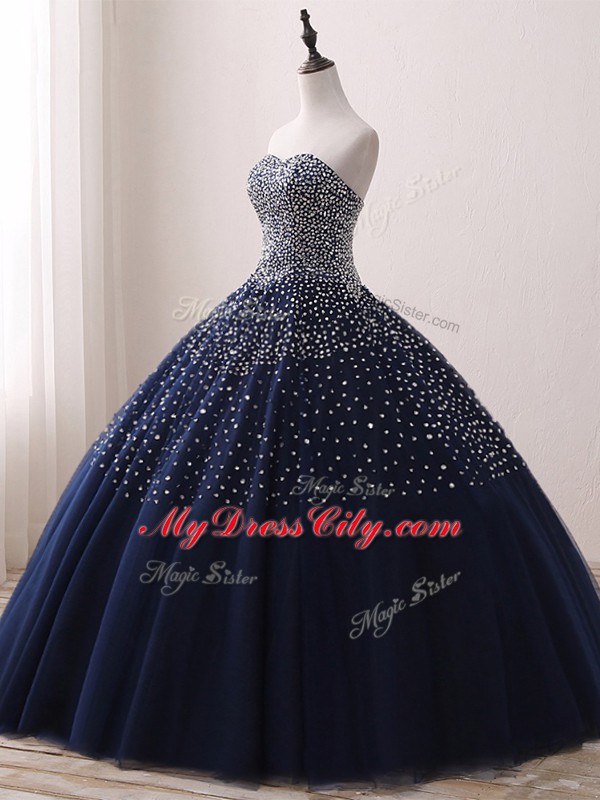 Navy Blue Ball Gowns Tulle Sweetheart Sleeveless Beading Floor Length Lace Up Quinceanera Gown