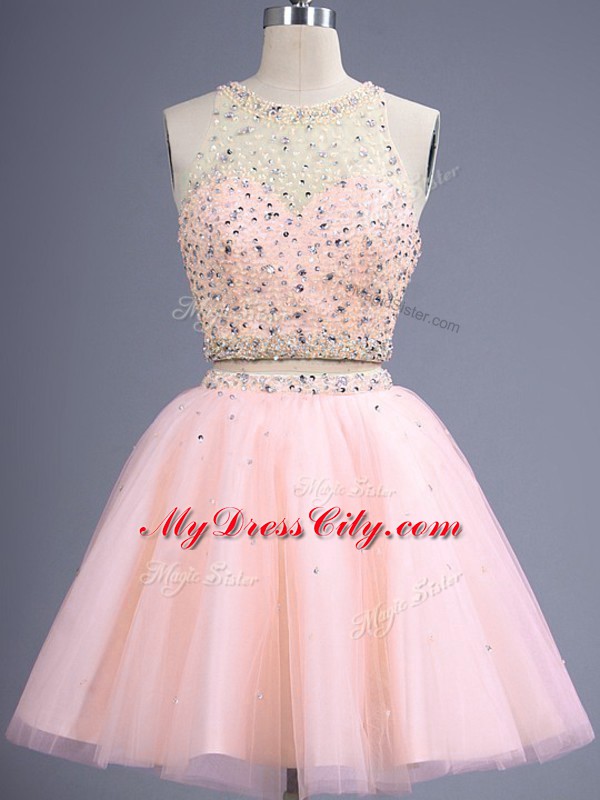 Peach Sleeveless Knee Length Beading Lace Up Court Dresses for Sweet 16