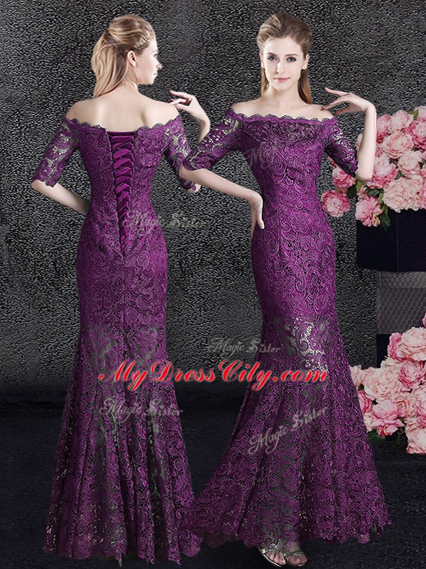 Glorious Mermaid Mother of Bride Dresses Purple Off The Shoulder Lace Half Sleeves Floor Length Lace Up