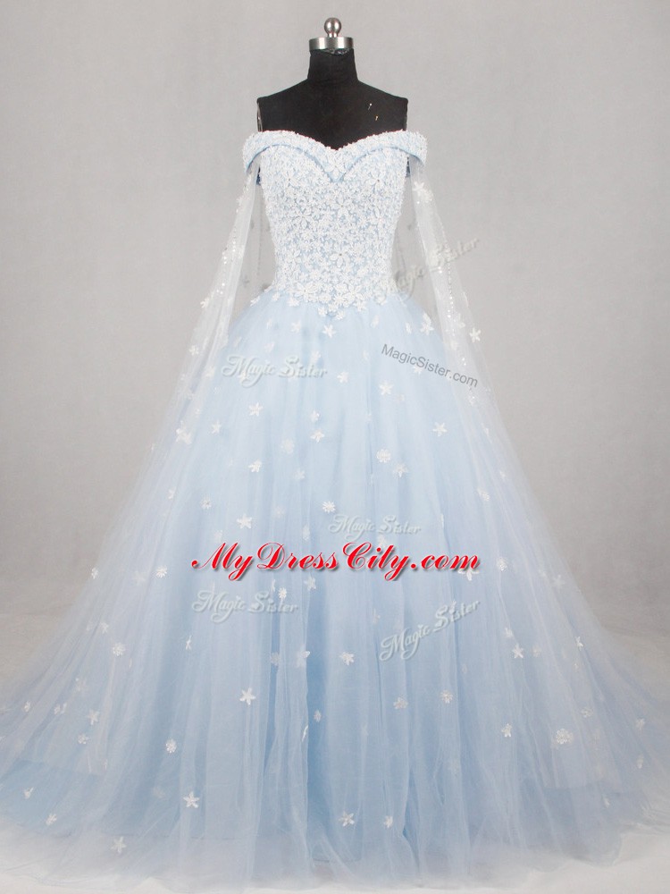 Chic Sleeveless Appliques Lace Up Bridal Gown with Light Blue Watteau Train