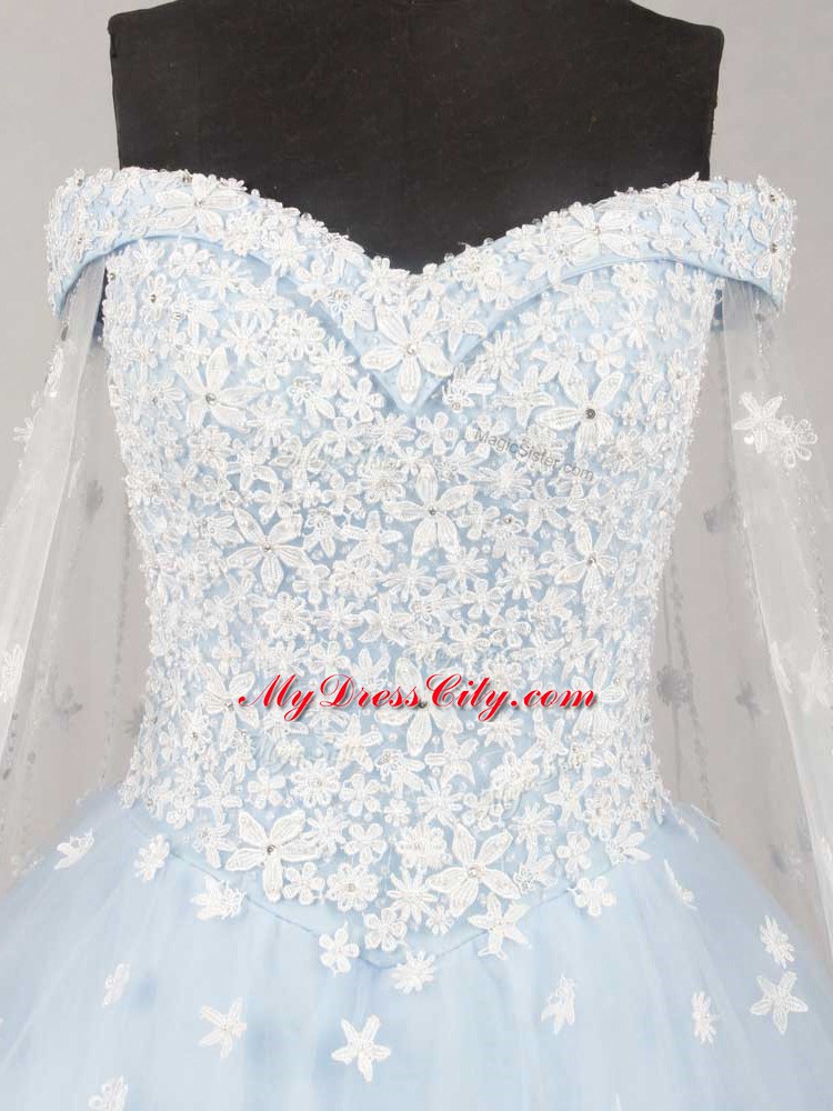 Chic Sleeveless Appliques Lace Up Bridal Gown with Light Blue Watteau Train