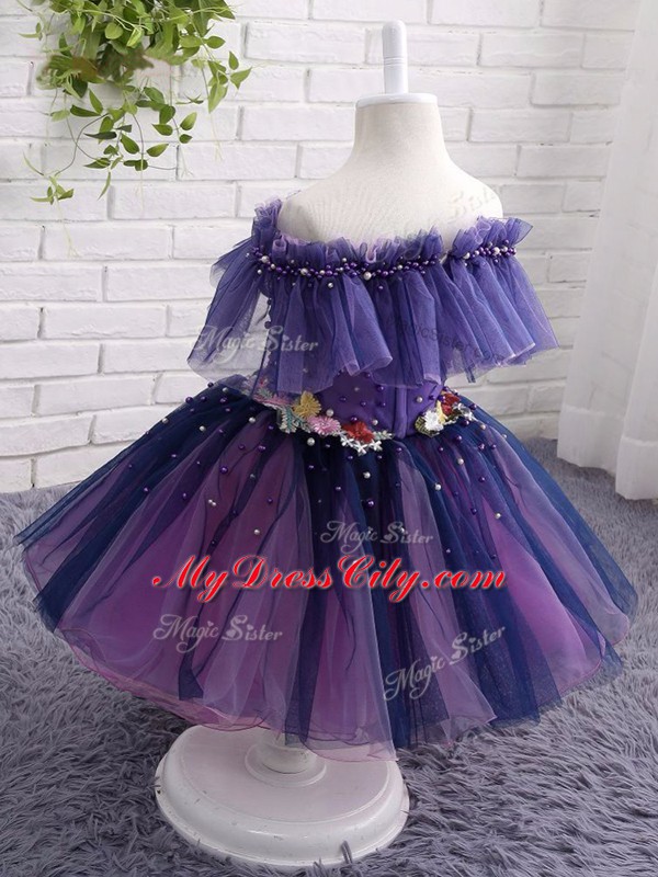 Off The Shoulder Short Sleeves Tulle Kids Formal Wear Beading and Hand ...