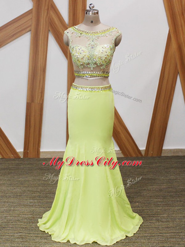 Yellow Green Chiffon Zipper Homecoming Dress Sleeveless Floor Length Beading and Lace and Appliques