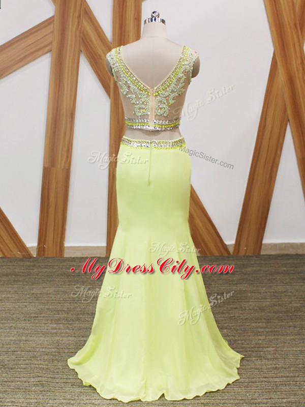 Yellow Green Chiffon Zipper Homecoming Dress Sleeveless Floor Length Beading and Lace and Appliques