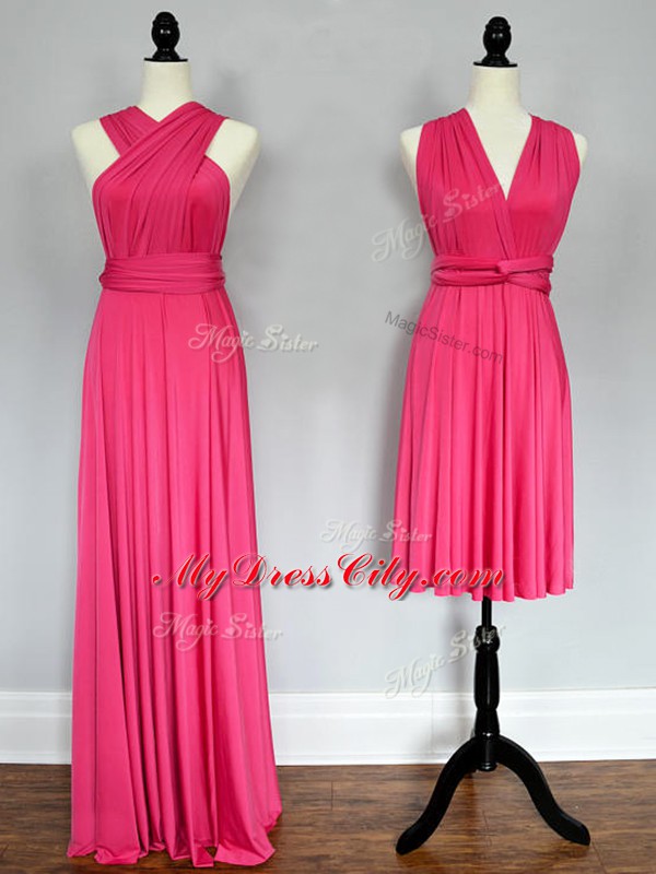 Hot Pink Empire Halter Top Sleeveless Chiffon Floor Length Lace Up Ruching Court Dresses for Sweet 16