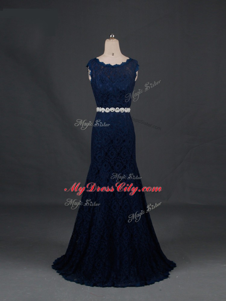 Hot Sale Column/Sheath Mother of the Bride Dress Navy Blue Scoop Lace Sleeveless Floor Length Backless