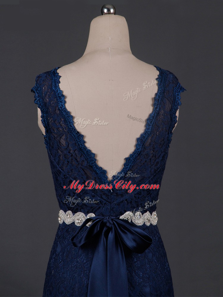Hot Sale Column/Sheath Mother of the Bride Dress Navy Blue Scoop Lace Sleeveless Floor Length Backless