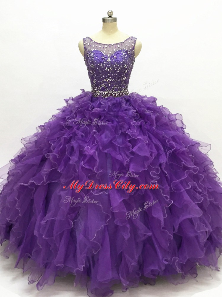 Fashion Organza Sleeveless Floor Length Quince Ball Gowns and Beading and Ruffles