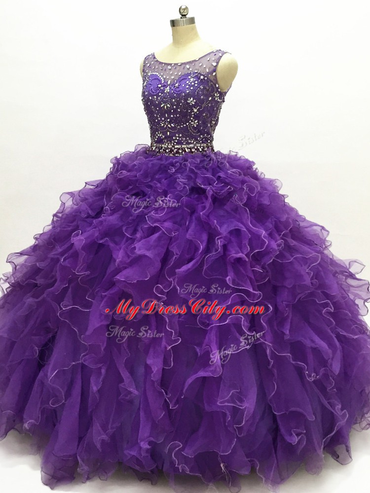 Fashion Organza Sleeveless Floor Length Quince Ball Gowns and Beading and Ruffles