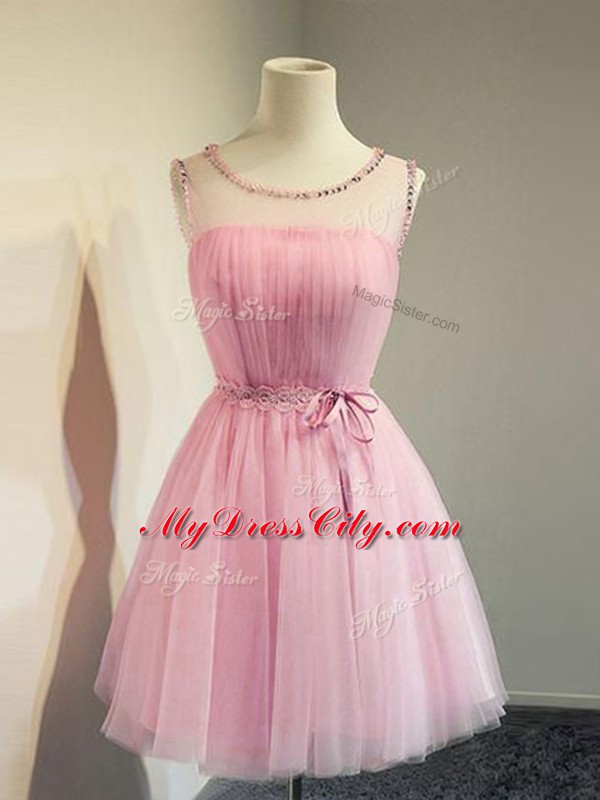 Empire Court Dresses for Sweet 16 Rose Pink Scoop Tulle Sleeveless Knee Length Lace Up