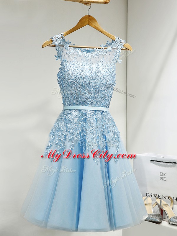 Luxurious Sleeveless Mini Length Lace Zipper Dama Dress for Quinceanera with Baby Blue