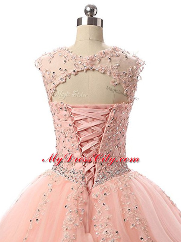New Arrival Peach Sleeveless Tulle Lace Up Quinceanera Gown for Military Ball and Sweet 16 and Quinceanera