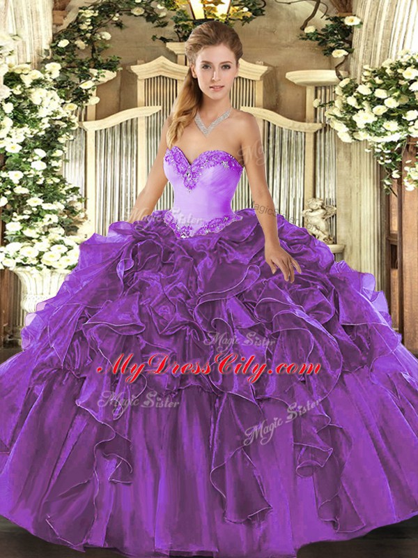 Attractive Ball Gowns Sweet 16 Dresses Purple Sweetheart Organza Sleeveless Floor Length Lace Up