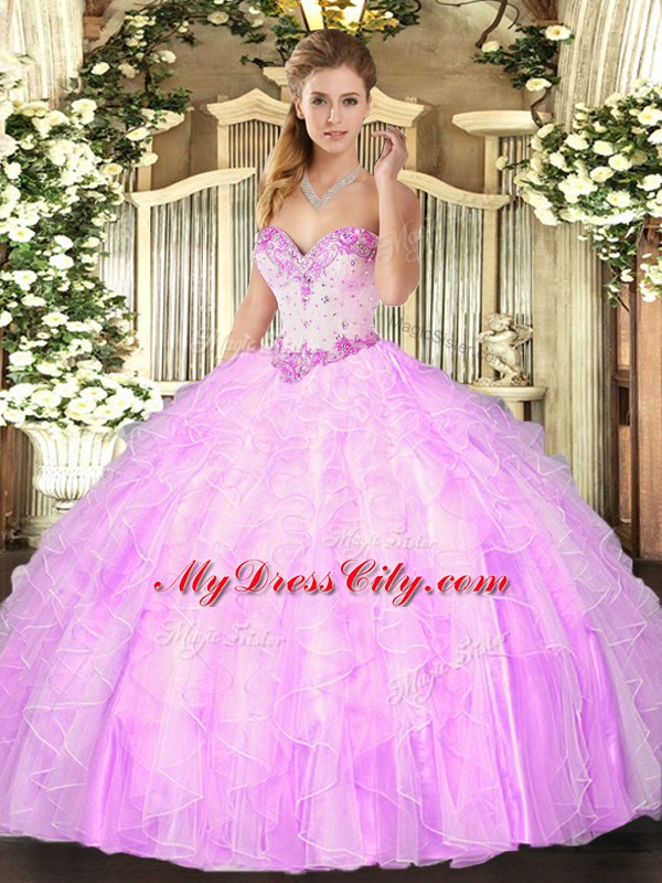 Lilac Ball Gowns Beading and Ruffles Ball Gown Prom Dress Lace Up Organza Sleeveless Floor Length