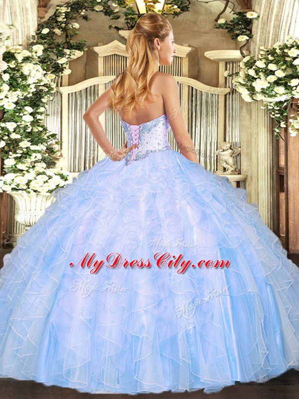 Lilac Ball Gowns Beading and Ruffles Ball Gown Prom Dress Lace Up Organza Sleeveless Floor Length