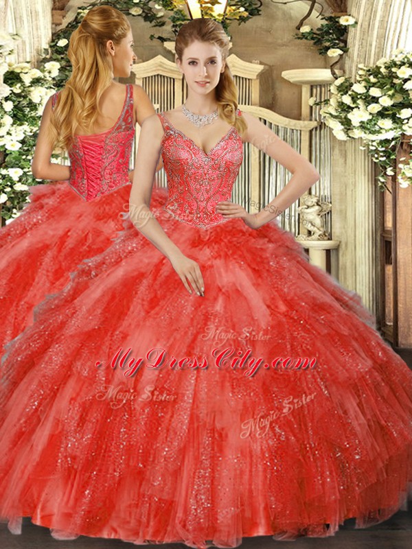 V-neck Sleeveless Tulle Ball Gown Prom Dress Beading and Ruffles Lace Up
