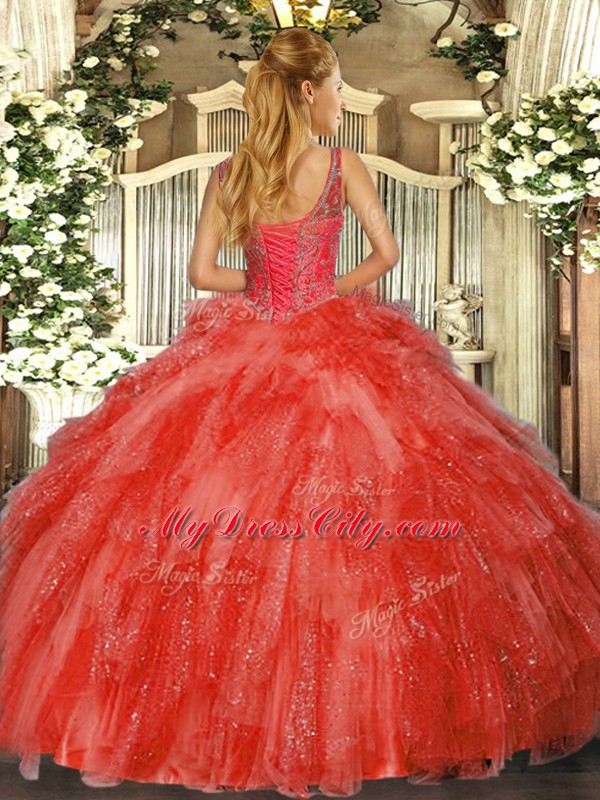 V-neck Sleeveless Tulle Ball Gown Prom Dress Beading and Ruffles Lace Up