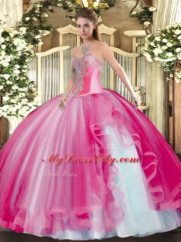 Noble Hot Pink Tulle Lace Up Sweetheart Sleeveless Floor Length Ball Gown Prom Dress Beading and Ruffles