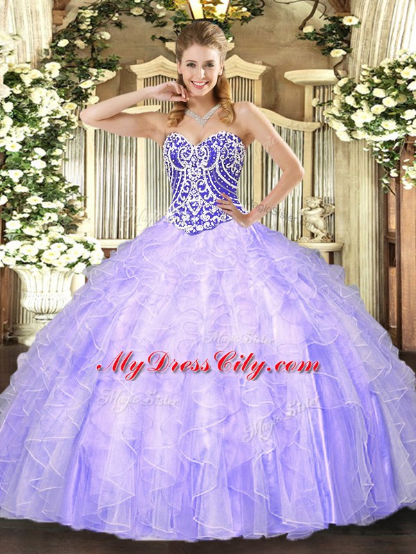 Attractive Lavender Ball Gowns Sweetheart Sleeveless Tulle Asymmetrical Lace Up Beading and Ruffles Vestidos de Quinceanera