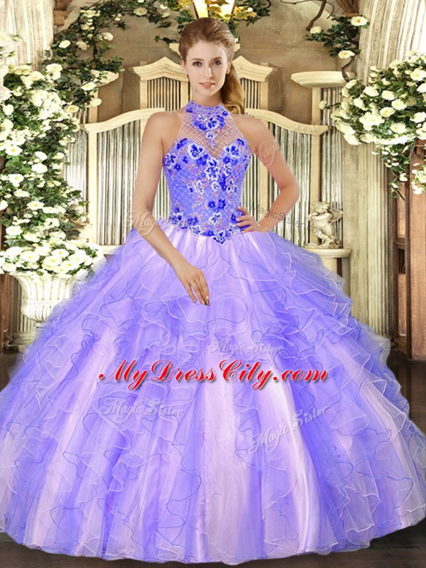 Lavender Ball Gowns Organza Halter Top Sleeveless Embroidery and Ruffles Floor Length Lace Up Quinceanera Gowns