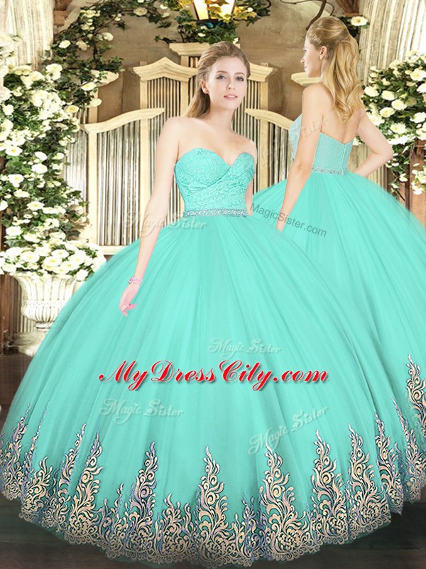 Apple Green Ball Gowns Tulle Sweetheart Sleeveless Beading and Lace and Appliques Floor Length Zipper Quinceanera Dresses