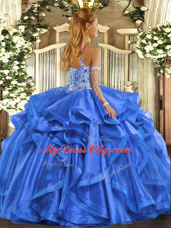 Purple Ball Gowns Organza Halter Top Sleeveless Beading and Embroidery and Ruffles Floor Length Lace Up Sweet 16 Dresses