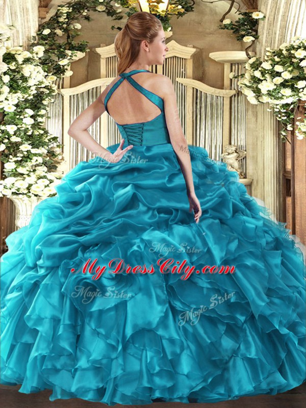 Dazzling Halter Top Sleeveless Lace Up Quinceanera Dresses Baby Blue Organza