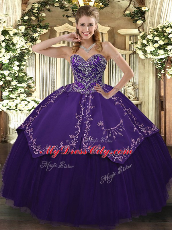 Trendy Floor Length Purple Sweet 16 Dress Taffeta and Tulle Sleeveless Pattern