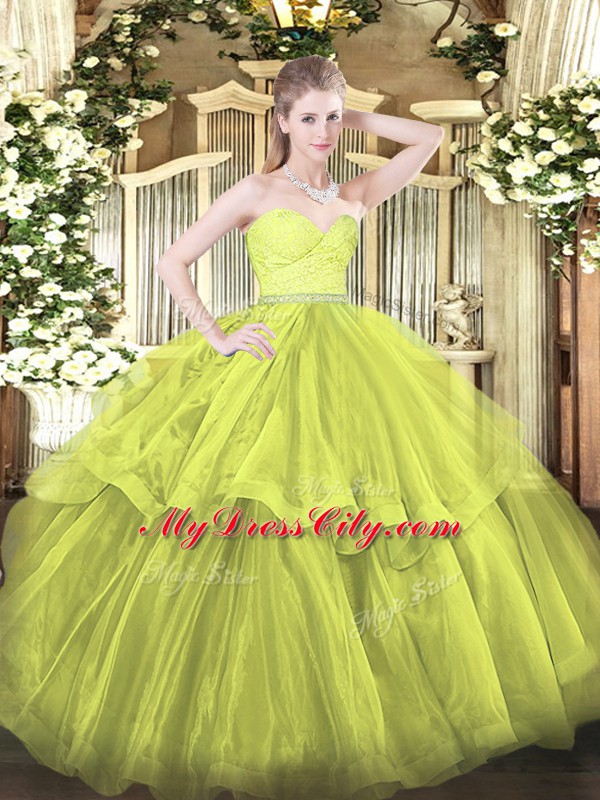 Graceful Olive Green Ball Gowns Beading and Lace and Ruffled Layers Sweet 16 Dress Zipper Tulle Sleeveless