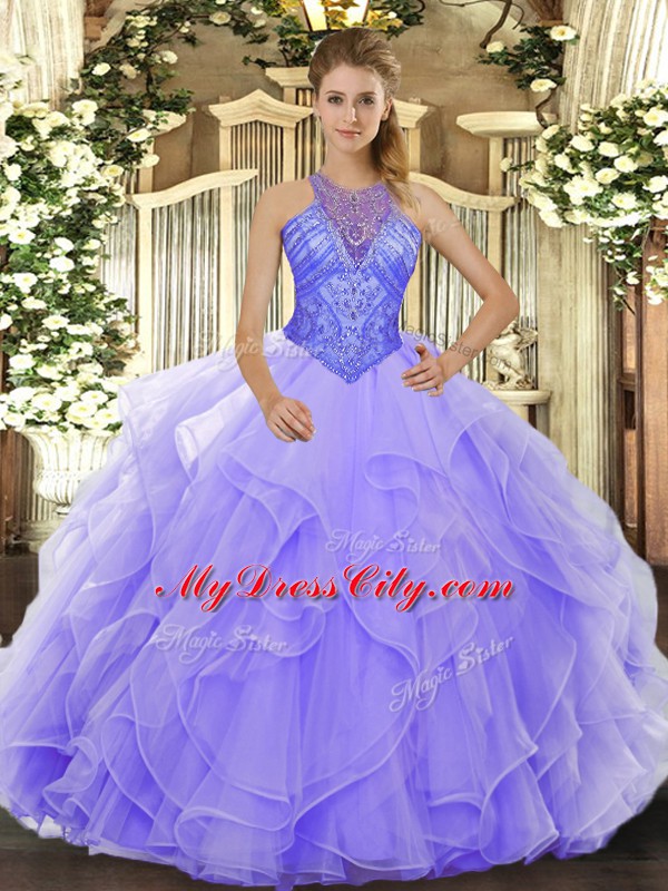 Modest Lavender Organza Lace Up High-neck Sleeveless Floor Length Quince Ball Gowns Beading and Ruffles