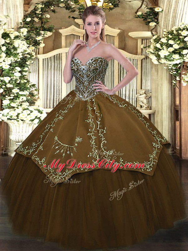 Taffeta and Tulle Sweetheart Sleeveless Lace Up Beading and Embroidery Ball Gown Prom Dress in Brown