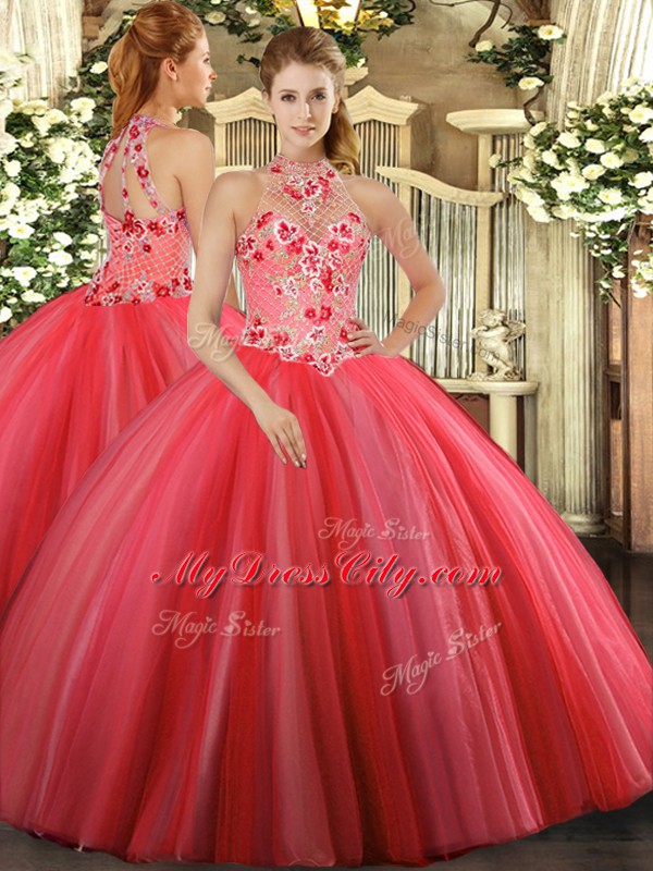 Coral Red Ball Gowns Embroidery Vestidos de Quinceanera Lace Up Tulle Sleeveless Floor Length