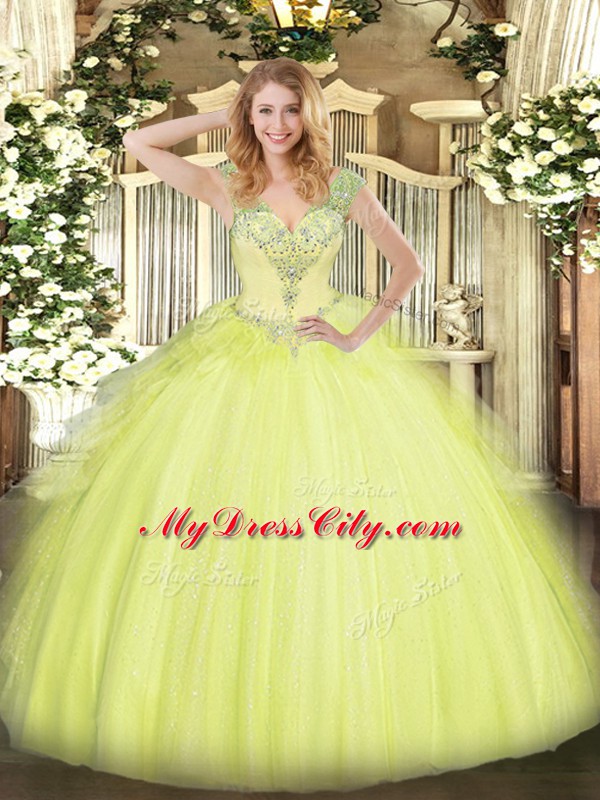 Yellow Green V-neck Neckline Beading and Ruffles Quince Ball Gowns Sleeveless Lace Up