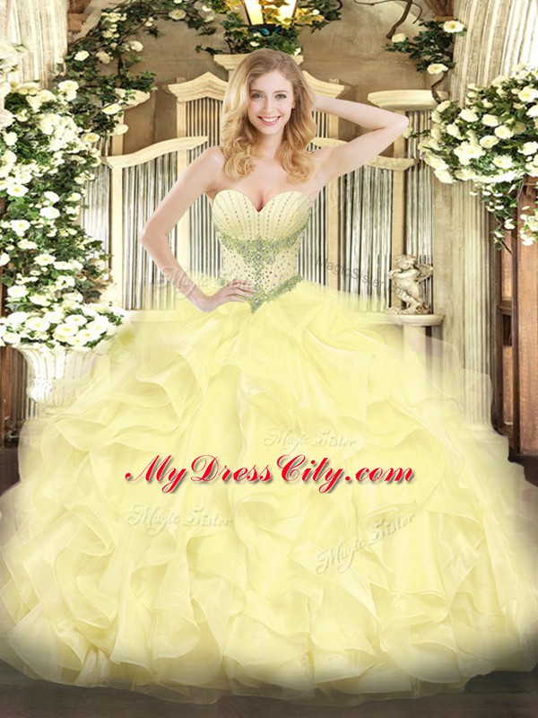 Yellow Ball Gowns Beading and Ruffles Ball Gown Prom Dress Lace Up Organza Sleeveless Floor Length
