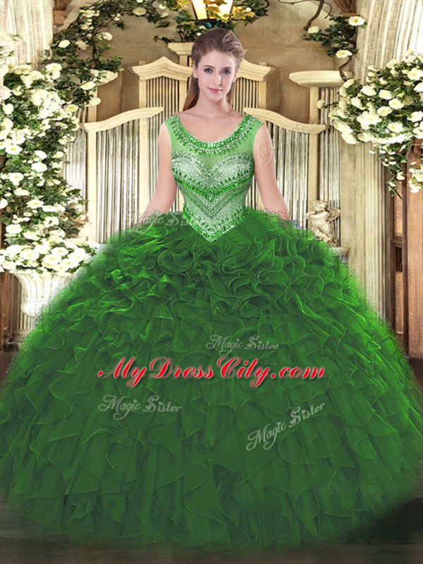 Beading and Ruffles Quinceanera Gown Green Lace Up Sleeveless Floor Length