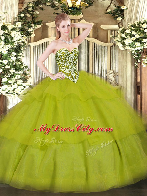 Olive Green Sweet 16 Quinceanera Dress Military Ball and Sweet 16 and Quinceanera with Beading and Ruffled Layers Sweetheart Sleeveless Lace Up