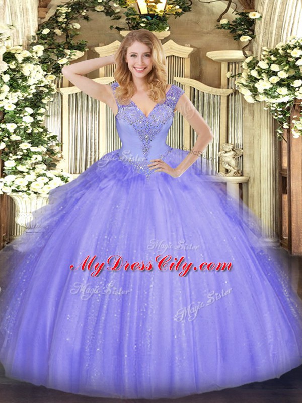 V-neck Sleeveless Quinceanera Dress Floor Length Beading Lavender Tulle