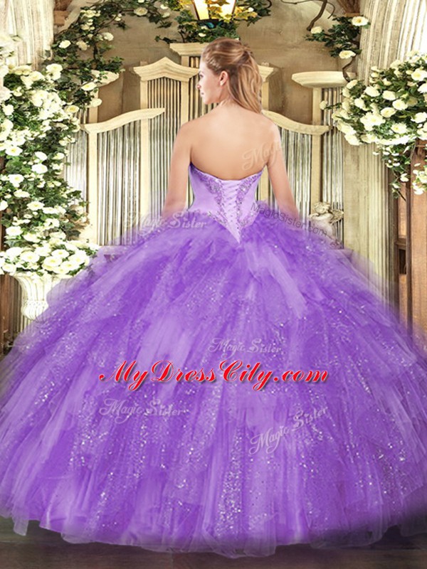 V-neck Sleeveless Quinceanera Dress Floor Length Beading Lavender Tulle