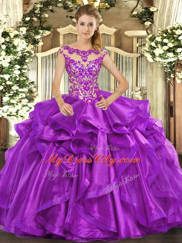 Captivating Eggplant Purple Lace Up Scoop Appliques and Ruffles Ball Gown Prom Dress Organza Cap Sleeves