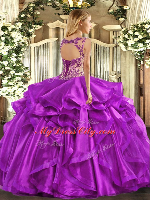 Captivating Eggplant Purple Lace Up Scoop Appliques and Ruffles Ball Gown Prom Dress Organza Cap Sleeves
