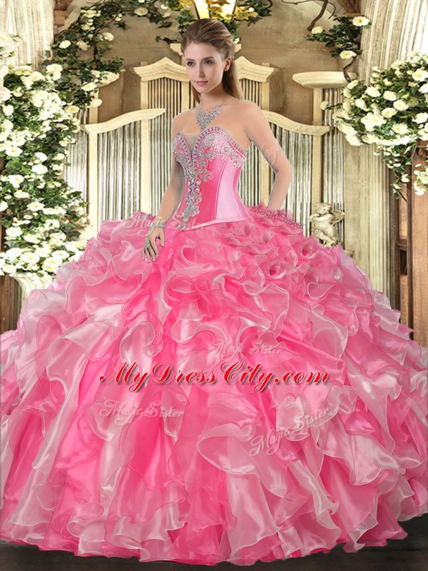 Rose Pink Ball Gowns Beading and Ruffles Quinceanera Gowns Lace Up Organza Sleeveless Floor Length