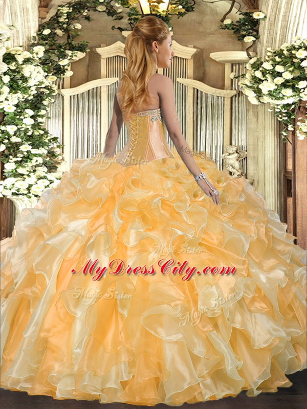 Rose Pink Ball Gowns Beading and Ruffles Quinceanera Gowns Lace Up Organza Sleeveless Floor Length