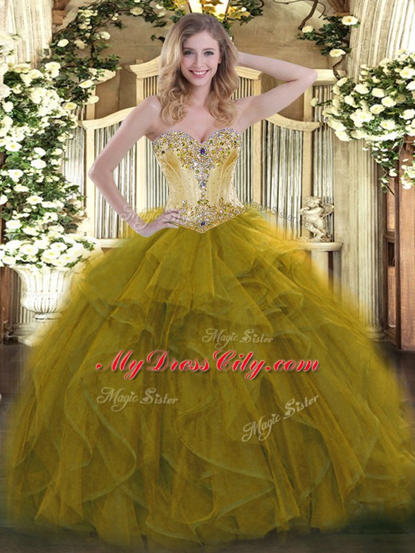 Romantic Ball Gowns Vestidos de Quinceanera Olive Green Sweetheart Organza Sleeveless Floor Length Lace Up