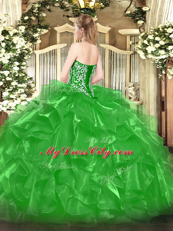 Glittering Floor Length Lace Up 15th Birthday Dress Olive Green for Military Ball and Sweet 16 and Quinceanera with Beading and Ruffles