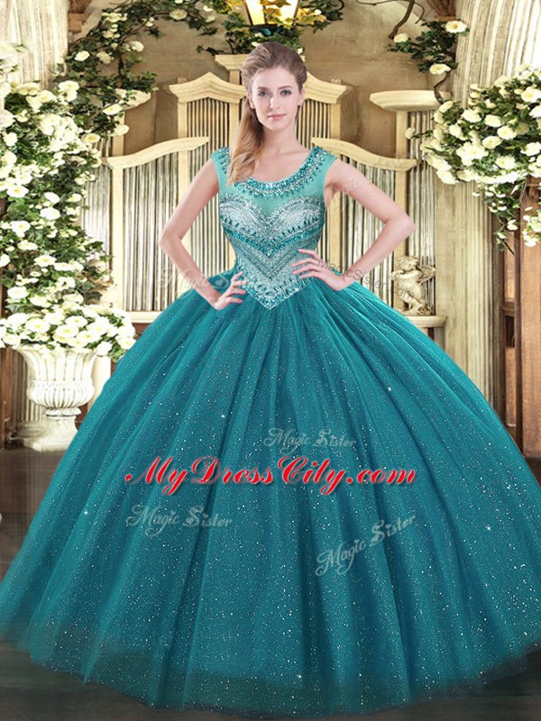 Top Selling Floor Length Lace Up 15 Quinceanera Dress Teal for Sweet 16 and Quinceanera with Beading
