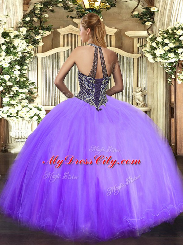 Rose Pink Tulle Lace Up Sweet 16 Quinceanera Dress Sleeveless Floor Length Beading