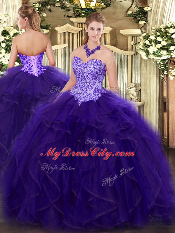 Purple Ball Gowns Appliques and Ruffles Sweet 16 Dresses Lace Up Organza Sleeveless Floor Length