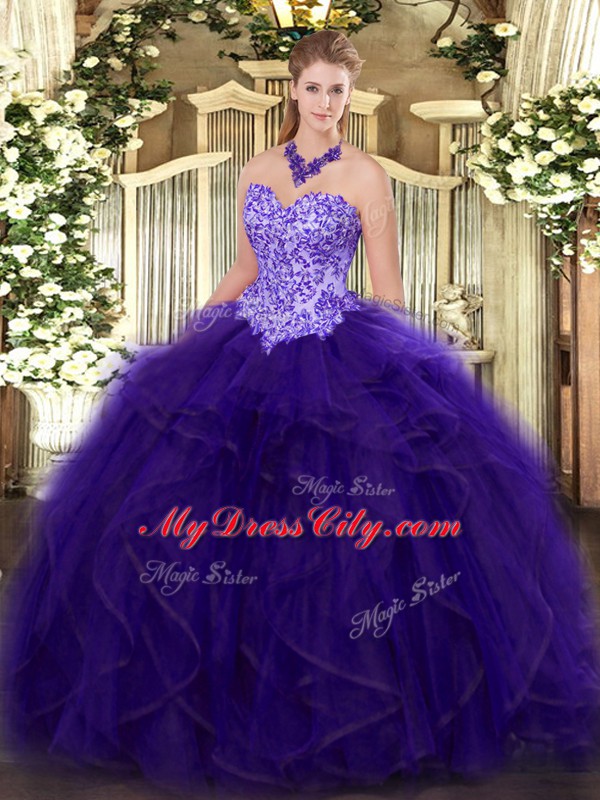 Purple Ball Gowns Appliques and Ruffles Sweet 16 Dresses Lace Up Organza Sleeveless Floor Length