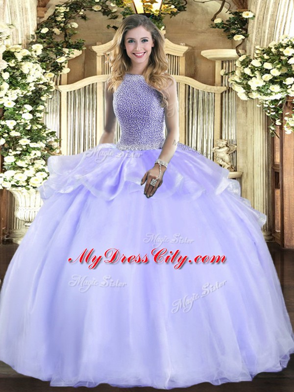 Amazing Sleeveless Organza Floor Length Lace Up Quinceanera Dresses in Lavender with Beading