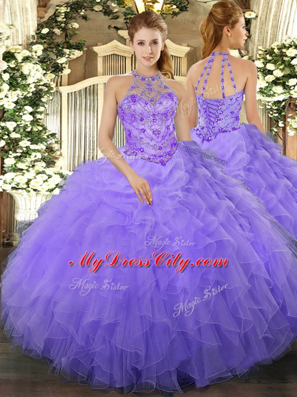 Lavender Lace Up Halter Top Beading and Ruffles Sweet 16 Dresses Organza Sleeveless